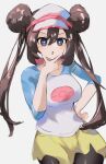  1girl :o asatte_3z black_pantyhose blue_eyes breasts bright_pupils brown_hair double_bun hair_between_eyes hair_bun hand_on_own_hip hand_up highres long_hair medium_breasts open_mouth pantyhose pantyhose_under_shorts pokemon pokemon_bw2 raglan_sleeves rosa_(pokemon) shirt shorts simple_background sleeves_past_elbows solo thinking twintails v-shaped_eyebrows visor_cap white_background white_pupils yellow_shorts 