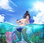  1girl absurdres anklet artist_request ass backboob bikini bird black_hair blue_bikini breasts brown_dust_2 closed_eyes cloud cloudy_sky coral eyebrows_hidden_by_hair feet_out_of_frame from_behind game_cg hair_between_eyes hair_bun highres holding holding_water_gun in_water jellyfish jewelry large_breasts lens_flare looking_back ocean official_art scheherazade_(brown_dust) scheherazade_(pool_party)_(brown_dust) short_hair single_hair_bun sky smile solo swimming swimsuit thigh_strap third-party_source water_gun wet 