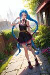  1girl ai-generated arm_tattoo blue_eyes blue_hair commentary day english_commentary grin jinx_(league_of_legends) league_of_legends leg_tattoo looking_at_viewer non-web_source outdoors smile solo tattoo 