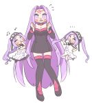  3girls anko_omotimoti blush boots chibi dress euryale_(fate) facial_mark fate/hollow_ataraxia fate/stay_night fate_(series) forehead_mark full_body hairband highres lolita_hairband long_hair medusa_(fate) medusa_(rider)_(fate) multiple_girls purple_eyes purple_hair siblings sisters stheno_(fate) tearing_up thigh_boots twins twintails very_long_hair white_dress zettai_ryouiki 