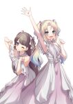  2girls :d ;) arm_up armpits blonde_hair blue_hair bow brown_hair clenched_hand closed_mouth collarbone commentary_request cowboy_shot dress fang finger_gun finger_to_cheek frilled_dress frills fujishima_megumi gradient_hair green_eyes hair_bow hair_ribbon highres leaning_forward light_blue_hair link!_like!_love_live! link_to_the_future_(love_live!) long_hair love_live! mira-cra_park! multicolored_hair multiple_girls natsu_(natsukikenken) one_eye_closed open_hand open_mouth osawa_rurino parted_bangs pink_dress purple_eyes ribbon simple_background sleeveless sleeveless_dress smile twintails two-tone_dress two_side_up v-shaped_eyebrows virtual_youtuber white_background white_bow white_dress white_ribbon 