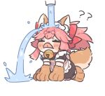  1girl ? ?? animal_ears anko_omotimoti blush cat_under_faucet_(meme) chibi closed_eyes fate/extra fate/grand_order fate_(series) fox_ears fox_tail long_hair meme pink_hair simple_background solo tail tamamo_(fate) tamamo_cat_(fate) tongue tongue_out water white_background 