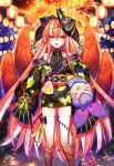  1girl :d age_of_ishtaria azrael_(age_of_ishtaria) black_kimono blush feathered_wings fireworks fox_mask grey_hair hair_ornament halo highres japanese_clothes kimono lantern looking_at_viewer mask mask_on_head multicolored_hair munlu_(wolupus) obi open_mouth orange_eyes paper_lantern red_eyes red_halo red_wings salix_(age_of_ishtaria) sash sleeves_past_wrists smile solo thighhighs two-tone_hair white_thighhighs wings 