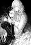  2girls black_background blush breasts closed_eyes closed_mouth commentary dress dungeon_meshi ear_covers elf english_commentary falin_touden falin_touden_(chimera) feathered_wings greyscale highres hug large_breasts long_hair marcille_donato medium_hair monochrome monster_girl multiple_girls nayep nude off-shoulder_dress off_shoulder parted_lips pointy_ears smile tears wings yuri 