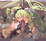  1boy 2girls ass black_pants black_tail black_wrist_cuffs blue_archive breast_press breasts censored cooperative_fellatio detached_sleeves erection fake_horns fellatio ffm_threesome green_hair green_halo group_sex hair_between_eyes halo hetero highres hikari_(blue_archive) horns licking licking_penis long_hair long_sleeves looking_at_viewer mosaic_censoring multiple_girls nipples nozomi_(blue_archive) nude open_mouth oral pants penis pointy_ears pov sidelocks small_breasts threesome tongue tongue_out twintails villainchin white_wrist_cuffs wrist_cuffs 