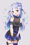  1girl amane_kanata amane_kanata_(work) angel_wings asymmetrical_bangs asymmetrical_hair bare_shoulders belt black_dress black_gloves blue_belt blue_hair blue_halo blue_thighhighs blue_wings blush colored_inner_hair commentary cowboy_shot dress feathered_wings fragir gloves gradient_dress gradient_wings grey_background grey_hair hair_ornament hair_over_one_eye hairclip halo highres hololive jewelry long_hair looking_at_viewer mini_wings multicolored_hair multicolored_wings necklace official_alternate_costume official_alternate_hairstyle open_mouth partially_fingerless_gloves pink_hair pleated_dress pouch purple_eyes short_dress sidelocks simple_background single_hair_intake single_thighhigh sleeveless sleeveless_dress smile solo standing star_(symbol) star_halo star_necklace streaked_hair thigh_pouch thighhighs two_side_up virtual_youtuber white_wings wings 