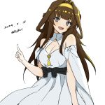  1girl absurdres bigkwl breasts brown_hair cleavage cleavage_cutout clothing_cutout dated double_bun dress gold_hairband grey_eyes hair_bun hairband highres index_finger_raised kantai_collection kongou_(anniversary)_(kancolle) kongou_(kancolle) long_hair medium_breasts official_alternate_costume one-hour_drawing_challenge open_mouth smile solo teeth twitter_username upper_teeth_only white_dress 