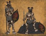  absurd_res african_wild_dog anthro bodak_(uncrom) canid canine concept_art crystal digitigrade fur_spots hi_res jewelry male mammal melee_weapon necklace polearm rock secrets_of_uncrom shield simple_background simple_clothing sitting solo spear spiky_fur standing uncrom warrior weapon yenocwolf 