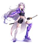  1girl absurdres alternate_costume alternate_form alternate_hairstyle armor colored_inner_hair grey_hair highres holding holding_sword holding_weapon hololive hololive_english horns jewel_under_eye katana koseki_bijou long_hair multicolored_hair navel ootoii open_mouth purple_eyes sheath sheathed single_horn smile solo sword torn_clothes virtual_youtuber weapon 