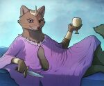  anthro clothed clothing crown female glass gulonine headgear hi_res holding_glass holding_object jewelry knife lying mammal marten medieval mr.solar mustelid musteline necklace pinup pose redwall seductive solo vilaya_(redwall) 