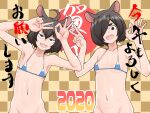  2020 2girls absurdres ahoge animal_ears asha bikini black_eyes black_hair blue_bikini bottomless breasts buck_teeth checkered_background chinese_zodiac commentary_request cowboy_shot finger_counting_duo groin hair_between_eyes hair_ornament hair_over_one_eye hairclip happy_new_year highres long_bangs looking_at_viewer medium_bangs micro_bikini mount_fuji mountain_print mouse_ears mouse_girl multiple_girls navel ok_sign open_mouth original out-of-frame_censoring print_bikini small_breasts smile swimsuit teeth translation_request upper_teeth_only v v-shaped_eyebrows year_of_the_rat yellow_background 