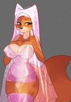 absurd_res anthro big_breasts breasts brown_eyes canid canine clothing dipstick_tail female fluffy fluffy_tail fox genitals headdress hi_res maid_marian mammal markings pathesis pinup pose pussy small_waist solo tail tail_markings translucent translucent_clothing wide_hips