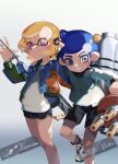  1boy 1girl :3 afro black_shorts blonde_hair blue_eyes blue_hair blue_jacket closed_mouth cross-laced_footwear dolphin_shorts e-liter_4k_(splatoon) earrings gradient_background grey_background gun holding holding_gun holding_weapon hydra_splatling_(splatoon) inkling inkling_girl inkling_player_character jacket jewelry medium_hair octoling octoling_boy octoling_player_character open_clothes open_jacket pink_eyes pointy_ears polero_light shirt shoes short_eyebrows short_hair shorts simple_background smile splatoon_(series) splatoon_3 standing standing_on_one_leg teeth tentacle_hair thick_eyebrows weapon white_shirt yellow_trim 