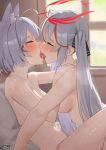  2girls absurdres ahoge amog animal_ear_fluff animal_ears artist_name blush breasts completely_nude flipsie_(vtuber) fox_ears french_kiss from_side grey_hair halo highres indie_virtual_youtuber indoors kiss long_hair medium_breasts multicolored_hair multiple_girls nemesis_(vtuber) nude open_mouth red_hair red_halo saliva saliva_trail second-party_source short_hair streaked_hair sweat tongue tongue_out twintails virtual_youtuber yuri 