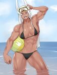  1girl abs absurdres adjusting_eyewear animal_ear_fluff animal_ears areola_slip armpits asha ball beachball bikini black_bikini blue_sky boku_no_hero_academia breasts cloud commentary_request cowboy_shot dark-skinned_female dark_skin day goggles goggles_on_head highres holding holding_ball holding_beachball large_breasts long_hair looking_at_viewer mirko muscular muscular_female navel obliques ocean open_mouth outdoors rabbit_ears rabbit_girl red_eyes sidelocks sky solo swim_goggles swimsuit tan water white_hair 