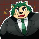  anthro canid canine canis clothing domestic_dog eyebrows fur green_body green_fur lifewonders live_a_hero male mammal mokdai necktie overweight smile solo sui6sweet suit thick_eyebrows 
