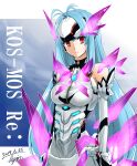  1girl absurdres armored_leotard blue_hair breasts character_name closed_mouth core_crystal_(xenoblade) dated elbow_gloves gloves highres hisin holographic_interface kos-mos kos-mos_re: leotard long_hair looking_at_viewer medium_breasts red_eyes signature solo very_long_hair white_gloves white_leotard xenoblade_chronicles_(series) xenoblade_chronicles_2 xenosaga 