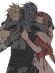  1girl 2boys aerith_gainsborough armor bandaged_arm bandages belt black_belt black_gloves black_hair black_pants black_sweater blonde_hair bracelet brown_hair closed_eyes cloud_strife dress final_fantasy final_fantasy_vii final_fantasy_vii_remake gloves group_hug hand_on_another&#039;s_back hand_on_another&#039;s_head highres hug jacket jewelry long_hair multiple_belts multiple_boys muted_color open_clothes open_jacket pants parted_bangs pauldrons pink_dress red_jacket roku_(gansuns) short_hair short_sleeves shoulder_armor simple_background sleeveless sleeveless_sweater spiked_hair standing suspenders sweater tearing_up upper_body very_long_hair wavy_hair white_background zack_fair 