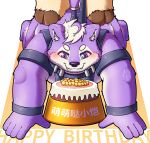  absurd_res aciag birthday_cake bowl cake canid canine canis container dessert duo feet food foot_on_butt hi_res hooves humanoid kneeling leash male male/male mammal overweight overweight_male simple_background submissive submissive_male wolf 