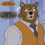  2021 anthro bear brown_body brown_eyes brown_fur clothed clothing dialogue door english_text fangs fur hi_res inside jupiter_(solar_house) male mammal necktie open_mouth solar_house solo speech_bubble tan_body tan_fur teeth text topwear vanadiumvalor vest yelling yellow_eyes 