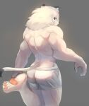  2024 anthro big_muscles biped butt felid fur grey_background hi_res lion looking_at_viewer looking_back looking_back_at_viewer male mammal muscular muscular_anthro muscular_male on_one_leg pantherine pureolliebranch simple_background solo standing white_body white_fur 
