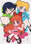  3girls black_hair blonde_hair blossom_(ppg) blue_eyes bow bubbles_(ppg) buttercup_(ppg) cartoon_network crop_top green_eyes hair_bow highres long_hair looking_at_viewer midriff miyata_(lhr) multiple_girls open_mouth orange_hair pantyhose pink_eyes powerpuff_girls shoes short_hair skirt smile sneakers twintails very_long_hair white_pantyhose 