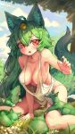  1girl :o absurdres ahoge animal animal_ear_fluff animal_ears animal_on_leg arm_support bare_arms bare_shoulders bell blurry blurry_background blush breasts cleavage cloud collarbone day downblouse extended_downblouse eyelashes fang feet_out_of_frame flipped_hair fox fox_ears fox_girl fox_tail grass green_hair hair_bell hair_between_eyes hair_ornament hand_up highres jingle_bell kneeling large_breasts leaning_forward long_hair looking_at_viewer melaton naked_shirt no_bra on_grass open_mouth original outdoors red_eyes revealing_clothes shirt solo sweat tail white_shirt 