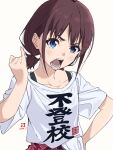  1girl angry blue_eyes blush brown_hair character_request collarbone commentary_request copyright_request dated flat_chest frown hand_on_own_hip highres medium_hair miyahara_takuya open_mouth print_shirt shirt simple_background solo t-shirt teeth translation_request upper_body white_background 
