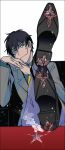  1boy black_footwear black_hair brown_eyes closed_mouth cross facial_scar fingernails formal glint hands_together kekkai_sensen kunimitsu legs_up male_focus necktie scar simple_background smile smoke solo steven_a._starphase suit table white_background yellow_neckwear 