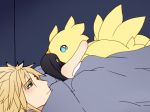  1boy 1girl 1other bed black_hair blonde_hair chocobo cloud_strife commentary english_commentary final_fantasy final_fantasy_vii long_hair meme plushcharm sleeping spiked_hair stuffed_animal stuffed_toy tifa_lockhart under_covers 