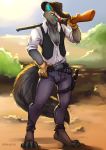  absurd_res anthro asheraart canid canine canis cowboy demon gun hi_res male mammal ranged_weapon solo weapon wolf 