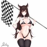  1girl animal_ear_fluff animal_ears artist_request atago_(azur_lane) azur_lane bikini boots breasts brown_hair checkered checkered_flag cowboy_shot detached_sleeves flag highleg highleg_bikini highres holding holding_flag large_breasts long_hair looking_at_viewer race_queen signature smile solo swimsuit thigh_boots thighhighs white_background white_sleeves yellow_eyes 