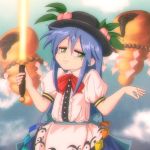  1990s_(style) 1girl absurdres apron blouse blue_hair blue_skirt bow buttons food frills fruit green_eyes hat highres hinanawi_tenshi izumi_konata leaf long_hair lucky_star neck_ribbon peach puffy_short_sleeves puffy_sleeves rainbow_order red_bow ribbon rope shimenawa shirt short_sleeves shrugging skirt smile solo step_arts sword touhou weapon white_shirt 