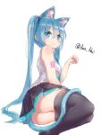  1girl animal_ears aqua_eyes aqua_hair bangs black_legwear blush boots cat cat_ears cat_girl cat_tail eyebrows_visible_through_hair fang hair_between_eyes hatsune_miku long_hair necktie nejikyuu paw_pose simple_background skin_fang skirt sleeveless solo tail thigh_boots thighhighs twintails twitter_username vocaloid wavy_mouth white_background 