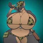  1:1 absurd_res anthro areola big_breasts boots breasts camo camo_bikini camo_print canid canine canis clothing doberman_(species) dobermann dog_tags domestic_dog eyewear female footwear gun hat hayakain headgear headwear hi_res holster holstered_pistol huge_breasts hyper hyper_breasts mammal nipple_outline olyvia_cross_(sexyblaziken) pinscher ranged_weapon shotgun smile solo sunglasses the_bombshells_(sexyblaziken) underwear weapon 