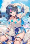  1girl arm_up bangs bare_shoulders beach blue_ribbon blue_sky blush breasts collarbone detached_leggings dress fate/grand_order fate/requiem fate_(series) highres large_breasts long_sleeves looking_at_viewer lucidsky magatama magatama_hair_ornament medium_hair multicolored_hair ocean parted_lips pelvic_curtain puffy_long_sleeves puffy_sleeves ribbon sandals short_dress sideboob sideless_outfit sitting sky smile streaked_hair thighs utsumi_erise wariza white_dress 