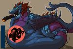  2020 abdominal_bulge belle_(belledraco) belledraco blue_body blue_scales blue_tail blue_wings brown_background digital_media_(artwork) dragon duo fangs feral green_eyes horn male membrane_(anatomy) membranous_wings motion_lines multicolored_body multicolored_scales oral_vore patreon purple_body purple_scales red_horn scales scalie signature simple_background solo_focus spikes teeth torque_(belledraco) two_tone_body two_tone_scales vore wings wyvern yellow_sclera 