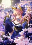  1girl absurdres animal_ear_fluff animal_ears bare_shoulders blue_kimono blue_legwear blue_ribbon breasts cherry_blossoms cleavage commentary commentary_request detached_sleeves double_fox_shadow_puppet eyebrows_visible_through_hair fate/extella fate/extra fate/extra_ccc fate/grand_order fate_(series) fox_ears fox_girl fox_shadow_puppet fox_tail full_moon hair_ribbon highres japanese_clothes kanna_(chaos966) kimono large_breasts looking_at_viewer moon mountain nature night night_sky pink_hair ribbon sky solo tail tamamo_(fate)_(all) tamamo_no_mae_(fate) yellow_eyes 