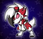  2017 3_fingers 3_toes ambiguous_gender black_eyes blue_background chibi claws drinkyourvegetable fingers fur hair lycanroc midnight_lycanroc nintendo pok&eacute;mon pok&eacute;mon_(species) red_body red_eyes red_fur red_sclera sharp_teeth simple_background smile solo standing star_background teeth toe_claws toes video_games white_body white_fur white_hair 