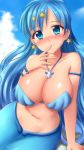  1girl arm_support armlet bangs blue_eyes blue_hair blue_sky blush bracelet breasts cleavage cloud collarbone commentary_request cowboy_shot day earrings eyebrows_visible_through_hair finger_to_mouth groin hair_between_eyes hair_ornament highres houshou_hanon jewelry large_breasts long_hair looking_at_viewer mermaid mermaid_melody_pichi_pichi_pitch midriff monster_girl navel necklace nose_blush pearl_bracelet shadow shell shell_bikini shell_necklace shiny shiny_skin sidelocks sitting sky skywalker0610 smile solo star_(symbol) star_earrings star_hair_ornament 