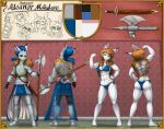  anthro armor armorbun blue_bikini blue_clothing breastplate breasts butt clothed clothing female front_view fully_clothed gauntlets gloves greaves hair handwear headgear helmet hi_res holding_object holding_weapon lagomorph leporid mammal melee_weapon model_sheet otakuap pose rabbit rear_view scabbard shoulder_guards weapon white_ears 