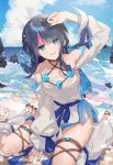  1girl arm_up bangs bare_shoulders beach blue_ribbon blue_sky blush breasts collarbone detached_leggings dress fate/grand_order fate/requiem fate_(series) highres large_breasts long_sleeves looking_at_viewer lucidsky magatama magatama_hair_ornament medium_hair multicolored_hair ocean parted_lips pelvic_curtain puffy_long_sleeves puffy_sleeves ribbon sandals short_dress sideboob sideless_outfit sitting sky smile streaked_hair thighs utsumi_erise wariza white_dress 