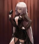  1girl absurdres ahoge alternate_costume bangs black_dress black_nails breasts cleavage dress eyebrows_visible_through_hair fate/grand_order fate_(series) grey_hair halter_dress hand_on_hip highres holding holding_microphone jeanne_d&#039;arc_(alter)_(fate) jeanne_d&#039;arc_(fate)_(all) large_breasts long_hair microphone nail_polish open_mouth seorang solo thigh_strap very_long_hair yellow_eyes 