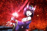  bare_shoulders bob_cut breasts fate/grand_order fate_(series) genya_(genya67) glowing highres holding holding_sword holding_weapon horns japanese_clothes kimono looking_at_viewer oni oni_horns open_clothes open_kimono open_mouth purple_eyes purple_hair purple_kimono qisha_tianling revealing_clothes seiyuu_connection short_hair shuten_douji_(fate/grand_order) skin-covered_horns small_breasts smile sword thunderbolt_fantasy weapon yuuki_aoi 