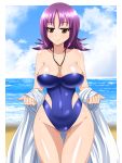  1girl bare_shoulders beach blue_sky breasts brown_eyes cleavage cloud collarbone day highres jewelry labcoat large_breasts light_blush light_smile looking_at_viewer medium_hair necklace ocean one-piece_swimsuit pokemon pokemon_(anime) pokemon_(classic_anime) purple_hair sky solo strapless strapless_swimsuit swimsuit uchikido_(pokemon) undressing yensh 