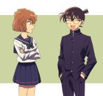  1boy 1girl :d black_jacket black_neckwear black_pants blue_eyes blue_sailor_collar blue_skirt blush brown_hair closed_eyes collared_shirt cowboy_shot crossed_arms edogawa_conan glasses green_background hage_ta haibara_ai hands_in_pocket jacket long_sleeves meitantei_conan miniskirt official_style older open_mouth over-rim_eyewear pants pleated_skirt sailor_collar sailor_shirt school_uniform semi-rimless_eyewear serafuku shirt short_hair skirt smile standing two-tone_background white_background white_shirt 