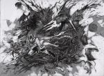  1boy bleeding blood bloodborne coat cutting death extra_eyes eyeball gloves greyscale hat hatching_(texture) holding holding_weapon hunter_(bloodborne) monochrome monster open_mouth organs sharp_teeth shibafu_no_atama teeth weapon 