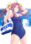  1girl ahoge blue_swimsuit breasts brown_hair competition_school_swimsuit covered_navel hair_ribbon highres kagerou_(kantai_collection) kantai_collection map_(blue_catty) one-piece_swimsuit purple_eyes ribbon small_breasts smile solo swimsuit twintails yellow_ribbon 