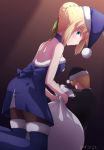  1boy 1girl 2018 artoria_pendragon_(all) back_bow backless_dress backless_outfit bag black_headwear black_jacket black_legwear black_santa_costume blonde_hair blue_bow blue_dress blue_footwear blue_headwear blue_santa_costume boots bow braid braided_bun brown_background closed_mouth dated dress dutch_angle fate/stay_night fate_(series) fur-trimmed_boots fur-trimmed_dress fur-trimmed_headwear fur_trim gift_bag gilgamesh green_eyes green_ribbon hair_ribbon hat highres holding holding_bag jacket kneeling pantyhose pikoguramyu profile red_ribbon ribbon saber santa_boots santa_costume santa_hat short_dress short_hair shoulder_blades sleeveless sleeveless_dress solo_focus thigh_boots thighhighs 