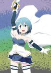  1girl artist_request blue_eyes blue_hair cape fortissimo fortissimo_hair_ornament gloves hair_ornament hairclip highres magical_girl mahou_shoujo_madoka_magica miki_sayaka short_hair smile solo_focus sword thighhighs weapon white_gloves white_legwear 